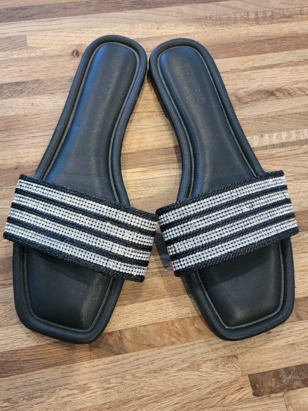 Primark Women's Square Toe Black Flat Slides Embellished With Rhinestones
